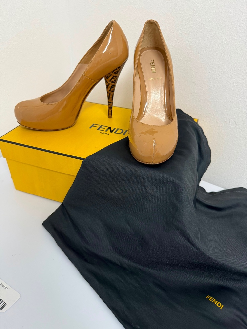 Fendi Beige Patent Leather Platform Pumps with FF Monogram Heel